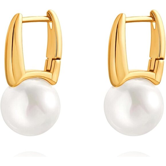 Gold Barrel Hoop Handpicked A+Quality 7.5-8mm White Pearl Dangle Drop Earring - Picture 1 of 7